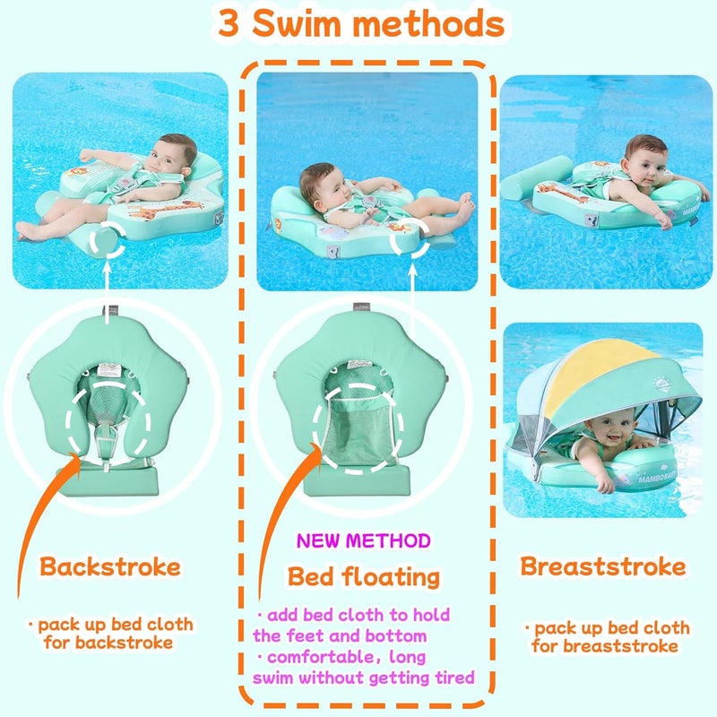 V Convey Mambobaby Float Add Tail No Flip Over Non-Inflatable Baby Swim Float Pearl Foam Solid Water Floats Smart Swim Trainer Infant Pool Float Swim Ring with Sun Canopy - Image 3